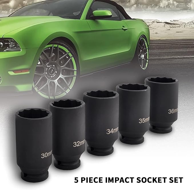 5Pcs 1/2" Drive Deep Impact Socket Set 12 Point Metric 30mm 32mm 34mm 35mm 36mm Drive Spindle Axle Hub Nut Socket Set,Heavy Duty w/Portable Storage Case,Use In Removing And Installing Axle Nuts