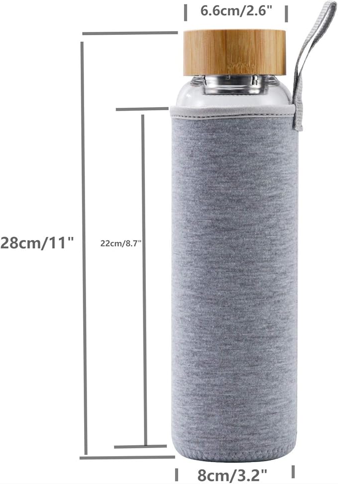 Glass Water Bottle 32 oz Wide Mouth with Sleeve Bamboo Lid Motivational Water Bottle With Time Marker Reusable Safe for Hot Cold Drinks Bpa Free (Gray)