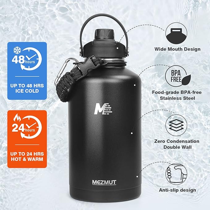 Insulated Water Bottle 64oz with Straw & Spout Lids,Half Gallon Stainless Steel Water Flask Jug with Paracord Handle,Double-wall Insulated Metal Water Bottle for Sports Camping Hiking Trip