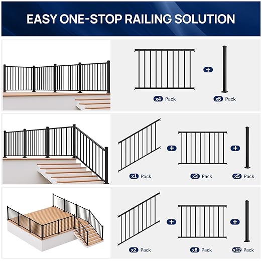 1 Pack 36 in. H x 4 ft. W Porch and Deck Railing Kit Without Post, Aluminum Stair Railing Kit, Black Textured Powder-Coat Finish Railing System for Concrete Steps or Wooden Stairs (1 Panel)