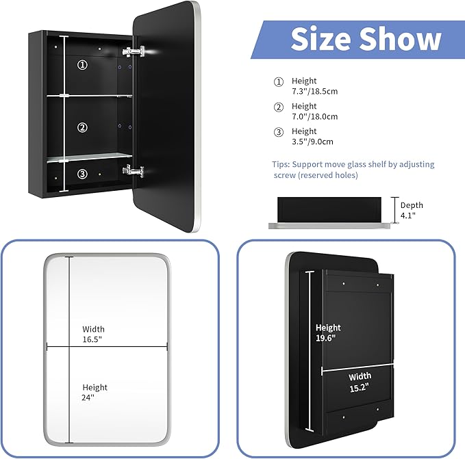 Vintage-Style Bathroom Wood Black Cabinet with 16.5''x24'' Brushed Nickel Metal Frame Curved Mirror, Recessed Medicine Cabinet, Bathroom Storage Cabinet