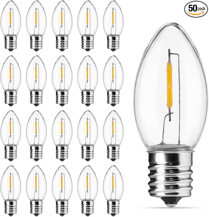 Brightown 50 Pack C9 LED Christmas Light Bulbs, Clear Plastic C9 Shatterproof LED Bulbs Replacement for Christmas String Lights, E17 Intermediate Base, Commercial Dimmable Holiday Bulbs