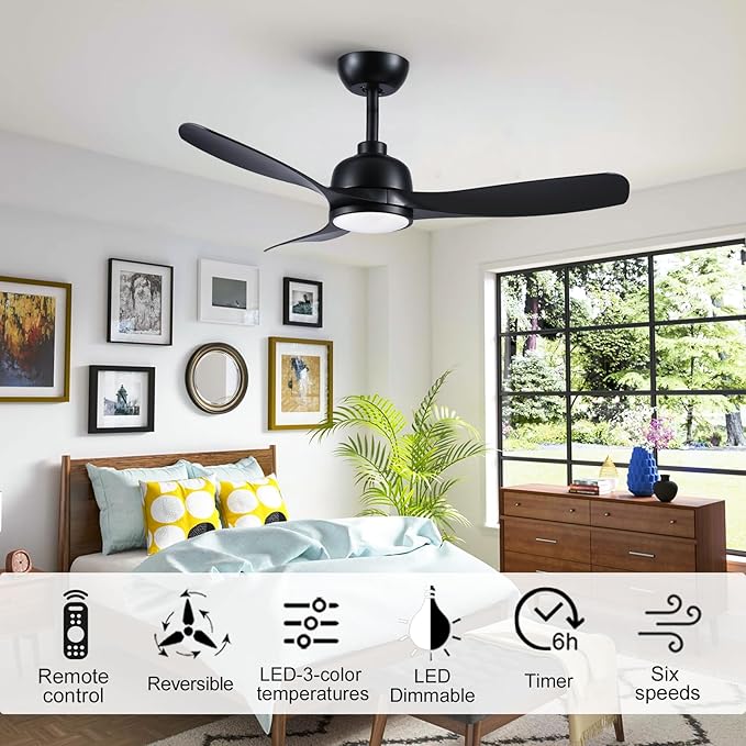42 Inch Black Ceiling Fan with Light, Remote Control, 3 Color Changing, Dimmable, Reverse Function, Quiet, 6 Speed, Ideal for Living Room, Bedroom, Balcony
