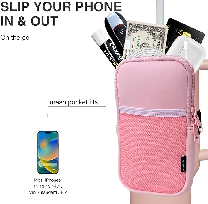 Water Bottle Pouch for Stanley Cups with 20oz 30oz 40oz Stanley Quencher Adventure & Stanley IceFlow, Gym Accessories for Women Tumbler Pouch with Strap & Zipper Cup Purse for Card Keys (Pink, Large)