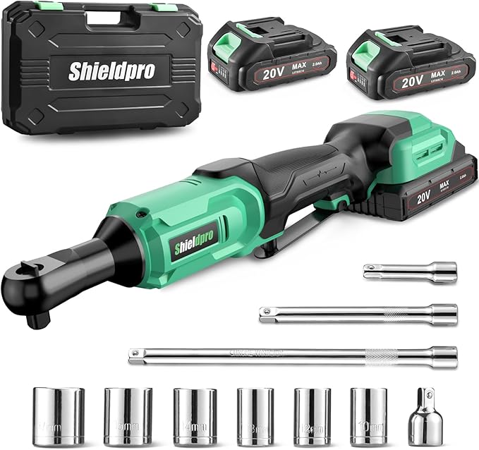 ShieldPro 20V Cordless Ratchet Wrench Set - 3/8" Electric Power Ratchet Kit with 400RPM, LED Work Light, and 2 Batteries, Fast Charger, Sockets, Adapters and Extension Bars (Green)
