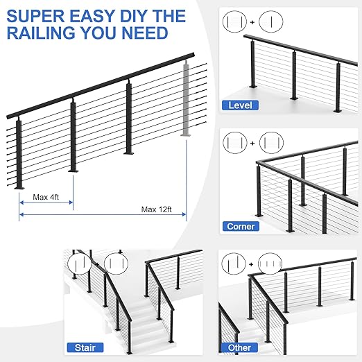 Black Stair Cable Railing Post 35" for 25-35 Degrees Stair, 2 Pack Stainless Steel Adjustable Surface Mount Cable Railing System Kit with Grommets, Indoor & Outdoor(MY08-S)