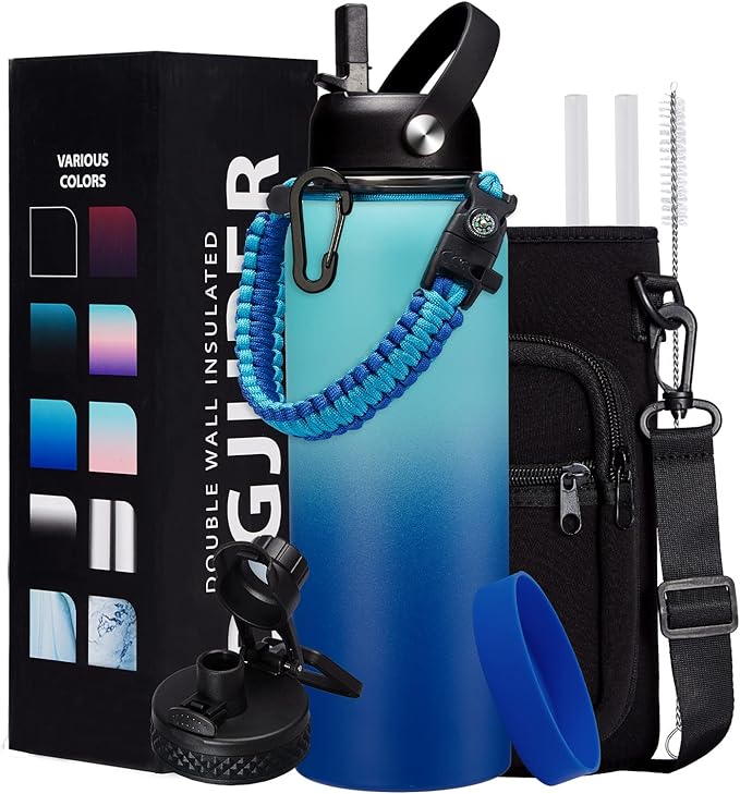 Stainless Steel Water Bottle 40oz - Insulated Water Bottle with Straw & Spout Lids, Survival Paracord, Strap Sleeve, Protective Cup Mat, Wide Mouth Thermo Flask Jug for Sports Gym or Office