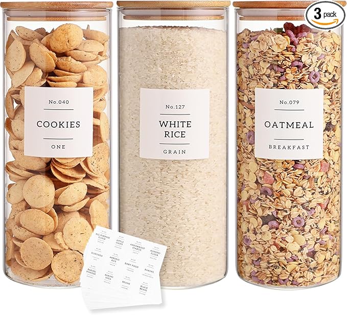 3 Pack Glass Jar with Airtight Bamboo Lid and White 132 Kichen Pantry Labels Preprinted - 56 Oz Clear Tall Glass Food Storage Containers set For Pasta Flour Cookie Rice