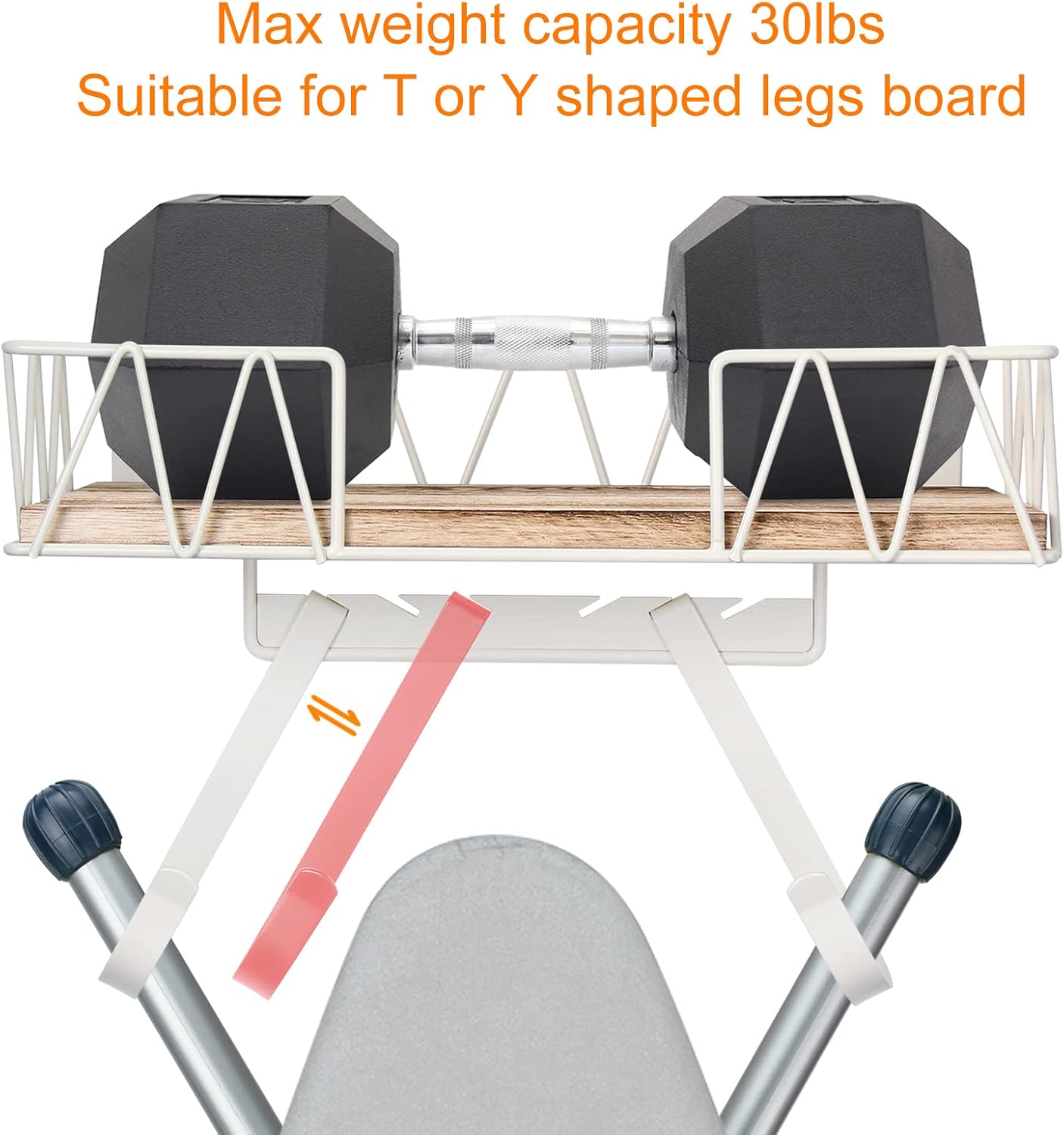 TJ.MOREE Ironing Board Hanger Wall Mount - Laundry Room Decor Iron and Ironing Board Holder with Large Storage Wooden Base Basket and Removable Hooks(T&V Shaped) Cream