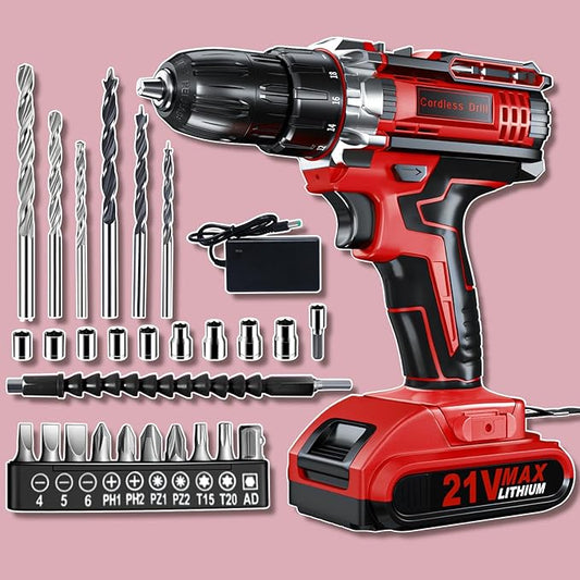 Cordless Drill Set, KELNOW 21V PowerDrill with Power Pack and Charger, 3/8-Inch Keyless Chuck ElectricDrill, 25+1 Position, 2 Speed, 27pcs Drilldriver Bits Tool Drills for DIY Projects