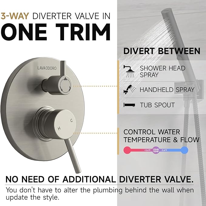 Lava Odoro Modern 3-Setting Round Rain Bathtub and Shower Faucet Set, Brushed Nickel Rainfall Shower Head and Handle Set, Rain Shower System with Tub Spout, Shower Valve Trim Kit, SF104-BN-T