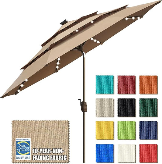 EliteShade USA 10-Year-Non-Fading Solar 9ft 3 Tiers Market Umbrella with 80 LED Lights Patio Umbrellas Outdoor Table with Ventilation,Heather Beige