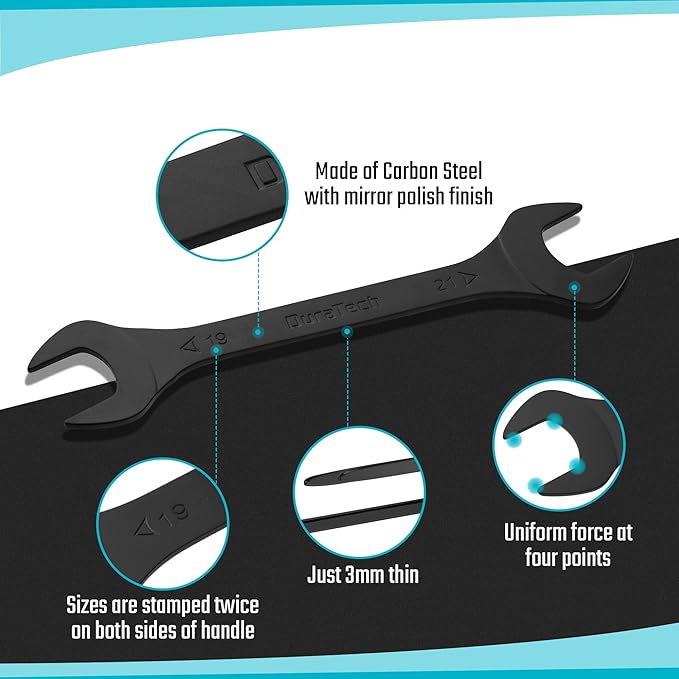 DURATECH Super-Thin Open End Wrench Set, Metric, 8-Piece, 5.5mm to 27mm, Black Electrophoretic Coating, with Rolling Pouch