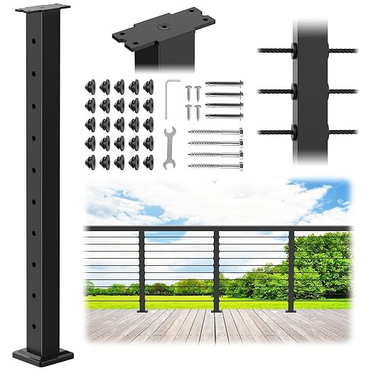 35"x2"x2" Stainless Steel Cable Railing Post, Black Top Mount Level Line Post with Grommets for Deck Railing Systems, Indoor & Outdoor Use, MY08-L
