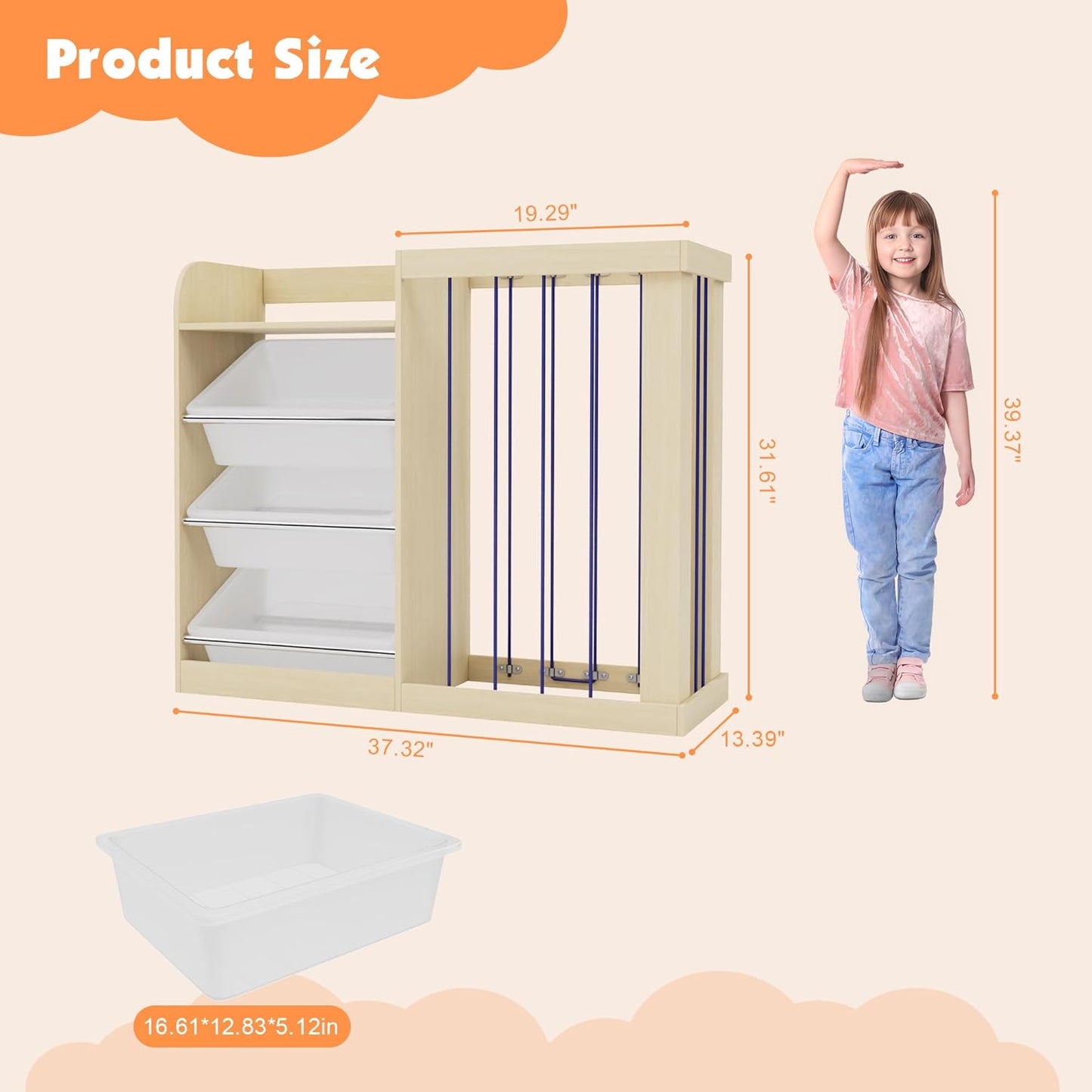 Kids Toy Storage Organizer with 3 Removable Plastic Bins Toddler Montessori Bookshelf with Stuffed Animal Net Holder Baby Bookcase Plush Organizer for Playroom, Bedroom,,Kids Room,Classroom,Nursery