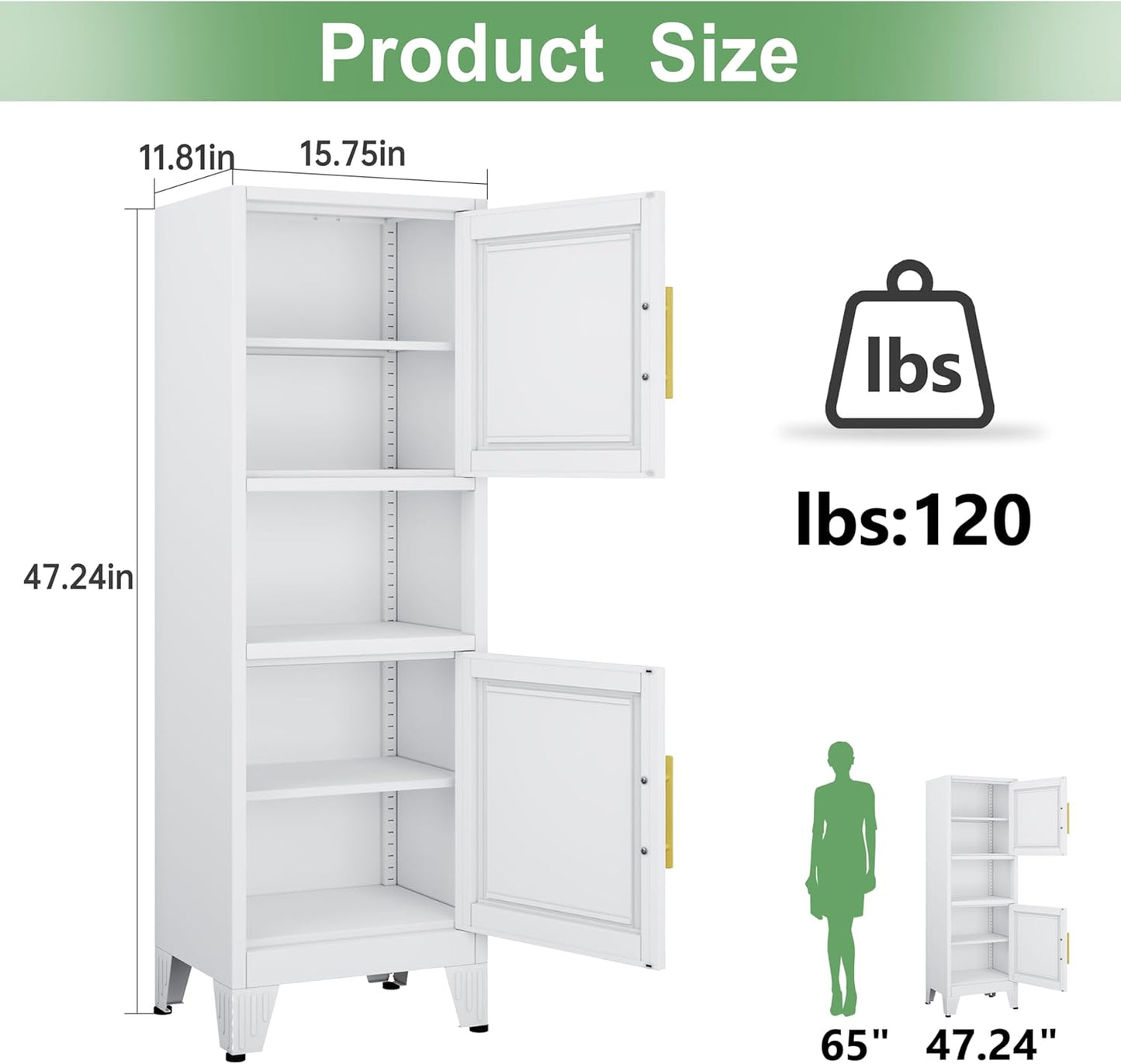 47.24" H Metal Narrow Bathroom Storage Cabinet Pantry Storage Cabinet, 2 Adjustable Shelves for Kitchen, Home Office, Living Room, Dinning Room (White)