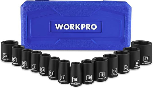 WORKPRO 1/2” Drive Shallow Impact Socket Set, Metric Cr-V Steel 6-Point Socket Set with Storage Case for Automotive Maintenance and Repairs (14PCS 10-27mm)