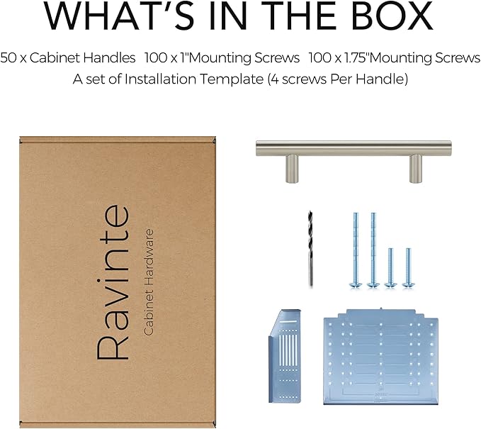 Ravinte 50 Pack | 6'' Cabinet Pulls Brushed Nickel Stainless Steel Kitchen Drawer Pulls Cabinet Handles 6”Length, 3-3/4” Hole Center with Mounting Template