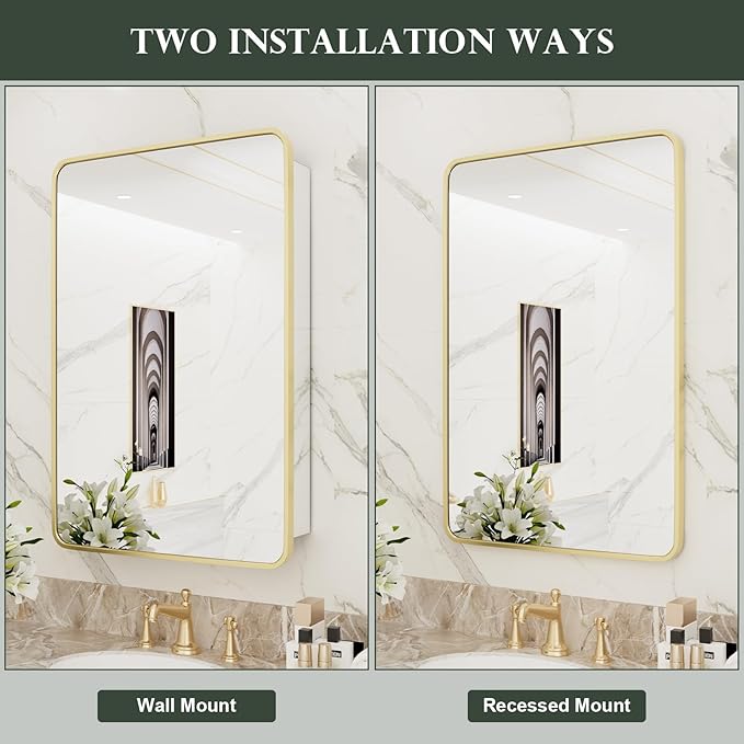 WallBeyond Bathroom Medicine Cabinet with Mirror, 24x36 Inch Gold Recessed Medicine Cabinet with Round Corner Aluminum Alloy Metal Framed, Single Door Modern Mirror Cabinet with Storage