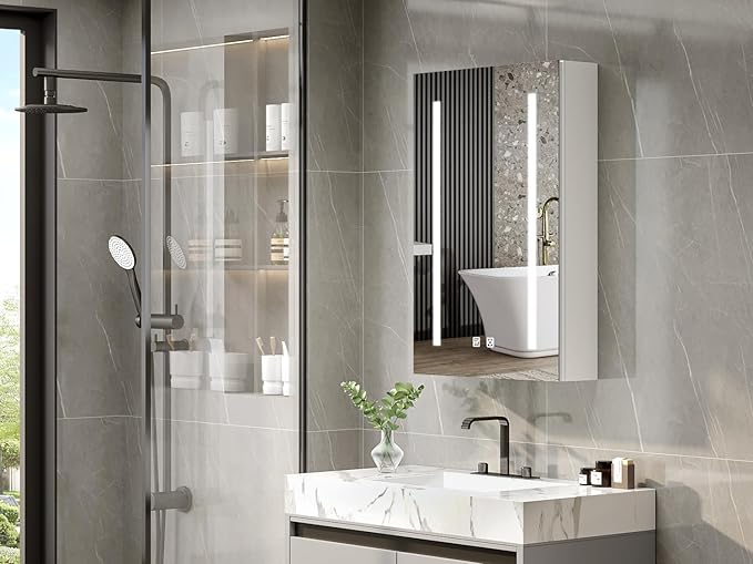 VINGLI 16Inch Medicine Cabinet with Lights, Lighted Medicine Cabinet with Mirror, Led Wall Mirror with Storage for Bathroom,Wall Mounted,3-Color Memory Mode Light，White,5.9" D x 15.75" W x 23.6" H