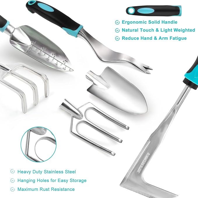 Garden Tool Set with Non Slip Rubber Grip,11 Piece Stainless Steel Gardening Tool Sets,Heavy Duty Outdoor Hand Tools Kit,Durable Tote Bag,Repotting mat,Uprooting Weeding Tool,Ideal Gifts for Women Men