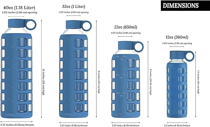 purifyou Premium 40/32 / 22/12 oz Glass Water Bottles with Volume & Times to Drink, Silicone Sleeve & Stainless Steel Lid Insert, Reusable Bottle for Fridge Water, Juice (32oz Chinese Porcelain)