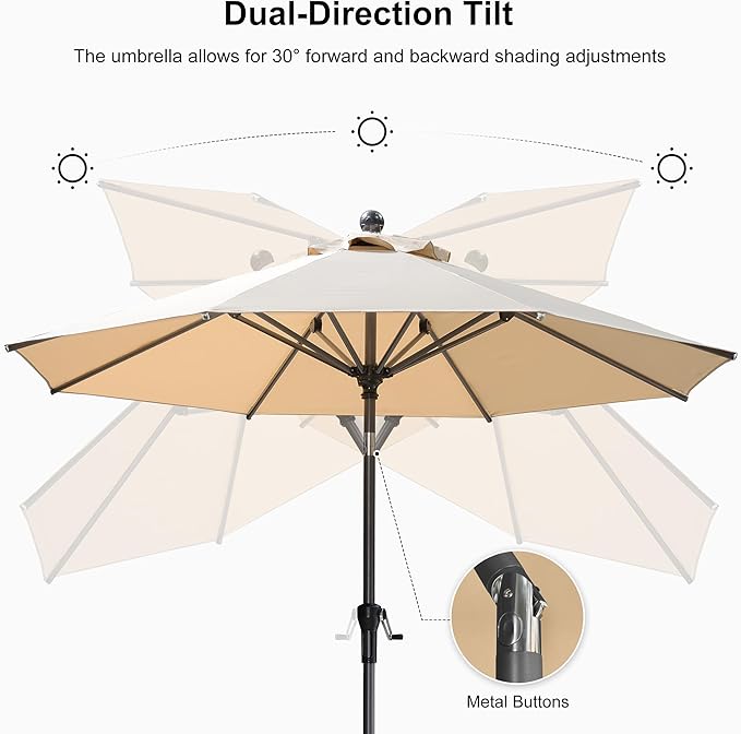 PURPLE LEAF 10' Round Patio Umbrella Outdoor Table Umbrella Aluminum Frame Market Umbrella Sun Umbrella with 8 Sturdy Ribs & Tilt for Garden Deck Lawn & Pool Beige