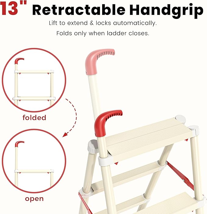 Telescoping 6-Step Ladder, 5.3FT Folding Step Stool with Safety Lock, Wide Non-Slip Pedals & Retractable Handgrip, Heavy Duty 380 lbs for Home & Outdoor