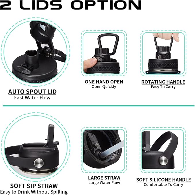 Vacuum Insulated Water Bottle 32oz - with Straw & Spout Lids, Paracord Handle, Shoulder Carrier Bag, Large Sport Stainless Steel Water Bottle, Double-wall Metal Water Bottle Thermal Hydro Mug Flask