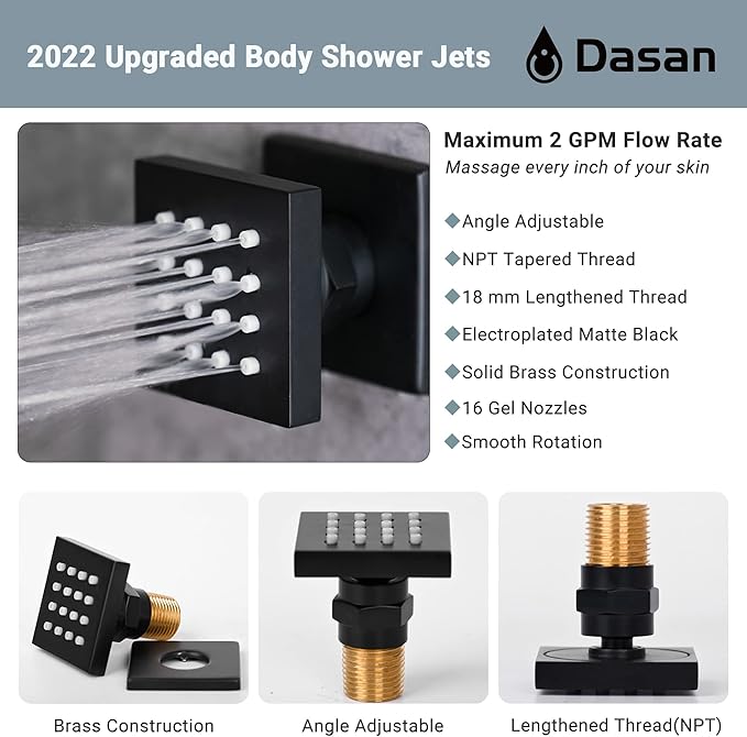 Full Body Rain Shower System with 4 Body Shower Jets & 12’’ Wall Mount Rainfall Shower Head & Handheld, DASAN Multi Shower Head System Matte Black Rain Shower Faucets sets Combo with Rough-in Valve