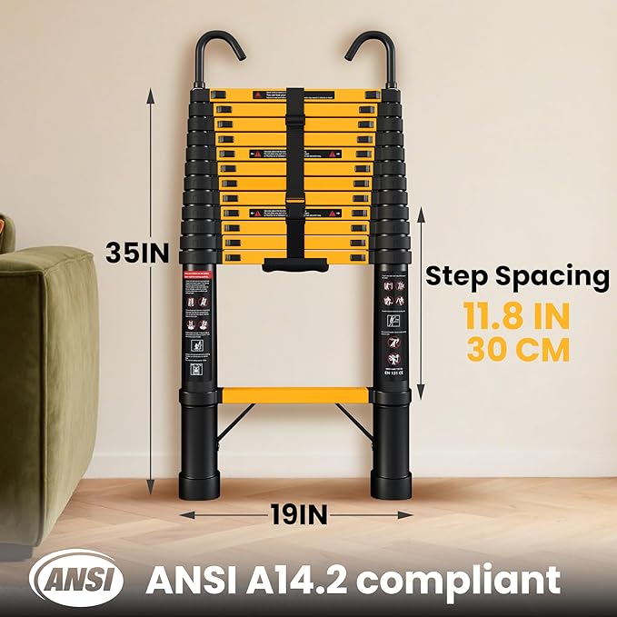 12.5 FT Telescoping Ladder with Hooks, ANSI Certified, Type I Heavy Duty, 330lbs Max Capacity, Aluminum Extension Ladder for Home, Roof, RV; Yellow