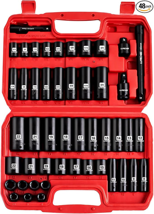 LLNDEI 3/8" Drive Impact Socket Set SAE and Metric (5/16"- 3/4", 8-22mm) 48pcs, CR-V Steel, 6 Point Sockets, Extension Bar (3-in, 6-in), 1/2"F to 3/8"M Reducer Universal Joint