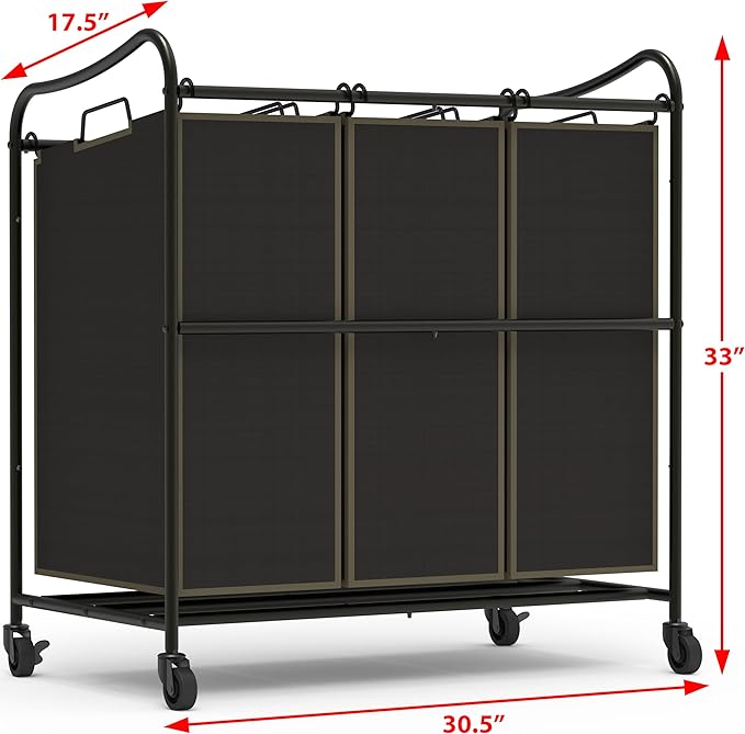 Simple Houseware Heavy Duty 3-Bag Laundry Sorter Rolling Cart, Bronze