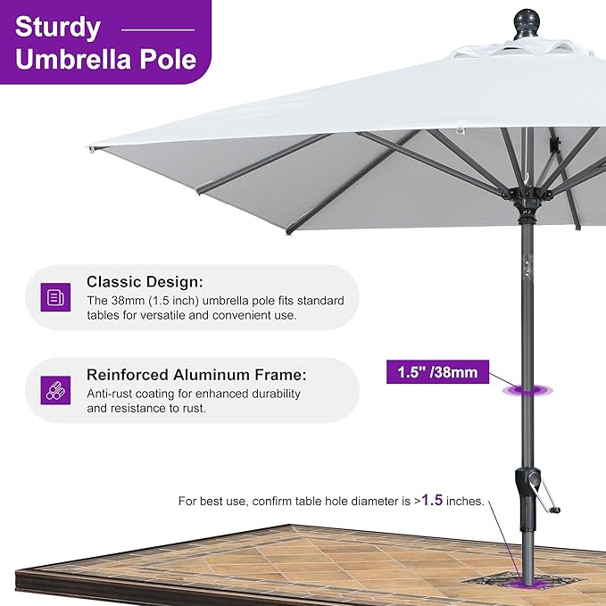 PURPLE LEAF 6.5' x 6.5' Square Patio Umbrella Outdoor Table Umbrella Aluminum Frame Market Umbrella Sun Umbrella with 8 Sturdy Ribs Tilt for Garden Deck Lawn Pool Light White