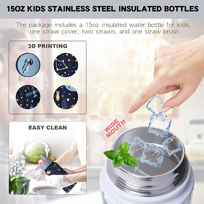 15oz Space Insulated Stainless Steel Water Bottle With Straw & Brush, Christmas Birthday Gifts for School - Hand Wash Only
