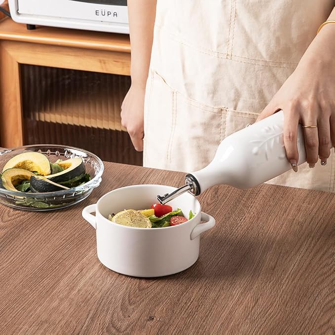 Sweejar Large Olive Oil Dispenser Bottle with Spout, 24 Oz Ceramic Oil Dispenser for Kitchen, Relief Opaque Oil Cruet, Oil Container for Cooking, EVOO, Avocado Oil, Vinegar, Pack of 1 (White)
