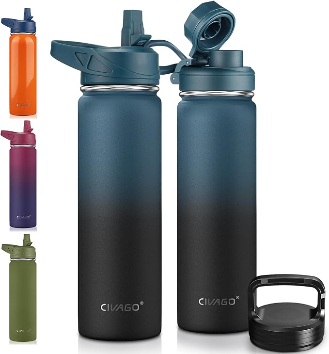 CIVAGO 22 oz Insulated Water Bottle With Straw, Stainless Steel Sports Water Flask Cup with 3 Lids (Straw, Portable Spout and Handle Lid), Double Walled Travel Thermal Canteen Mug, Indigo Black