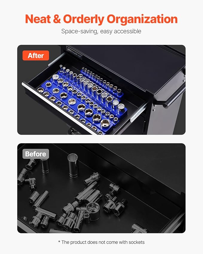 VEVOR Magnetic Socket Organizer Set, 3PCS Magnetic Socket Holder, 1/4'', 3/8'' & 1/2'' Metric Socket Trays with Clear Labels, Hold up to 75PCS Standard & Deep Sockets, Blue (Sockets Not Included)
