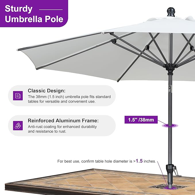 PURPLE LEAF 9' Round Patio Umbrella Outdoor Table Umbrella Aluminum Frame Market Umbrella Sun Umbrella with 8 Sturdy Ribs Tilt for Garden Deck Lawn Pool White