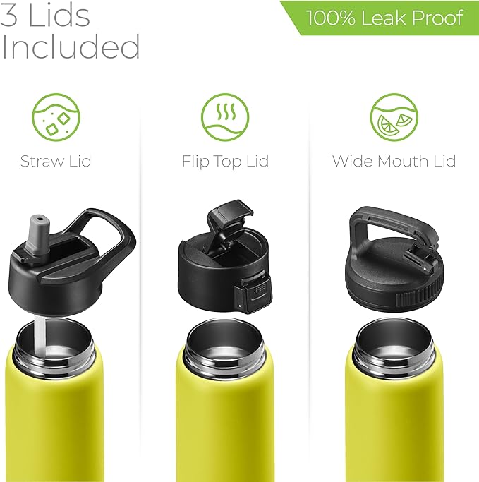 SipX™ Triple-Insulated Stainless Steel Water Bottle 25oz. With 3 Lids, BPA-Free Reusable Insulated Water Bottle Keeps Cold 24 Hours, Metal Water Bottle Made Of Sustainable Material For Hiking & Biking