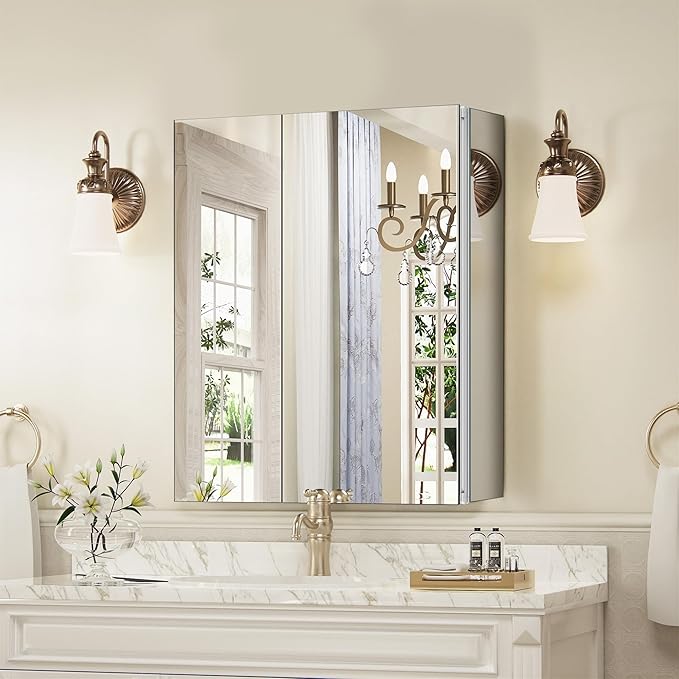 Medicine Cabinet with Mirror Door&Adjustable Shelves, Wall-Mounted Rectangular Medicine Cabinet Beveled Edge Frame, Dual Mirror Doors, 30" x 26"x 5.3"