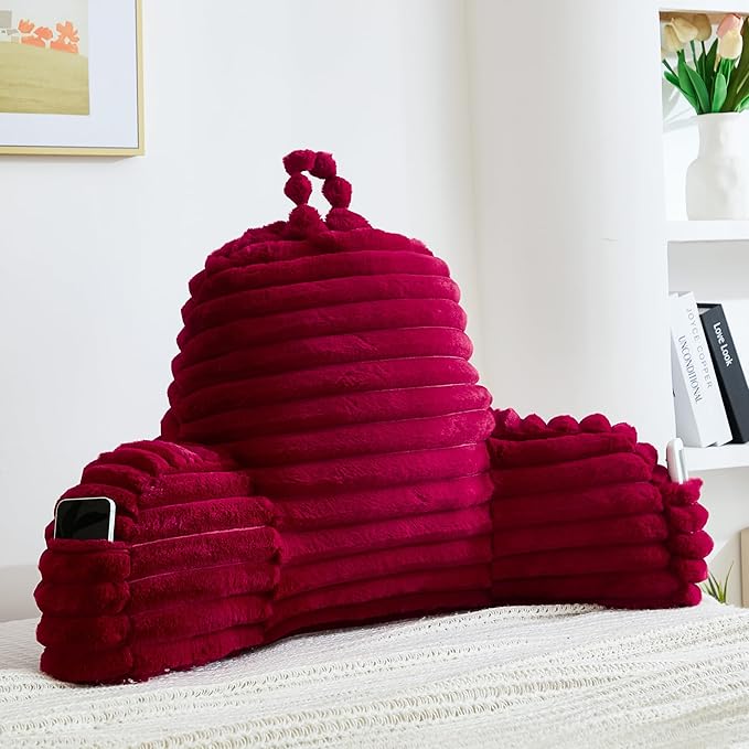 Faux Fur Fluffy Burgundy Reading Pillow with Pockets, Luxury Striped Plush Decorative, Arm Rests and Back Surport for Bed Rest, Lounging on sofa, Large