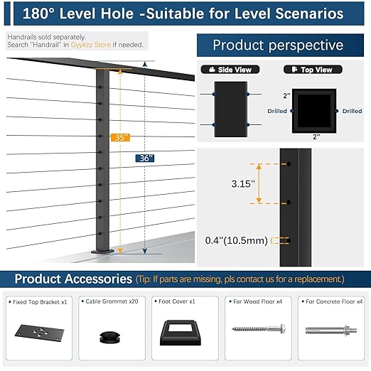 Economical 36" Cable Railing Post, Stainless Steel T304 Level Drilled Line Post for Deck Railing System, Upgraded Black Powder Coated Wire Metal Post for Indoor Outdoor Deck Porch Balcony