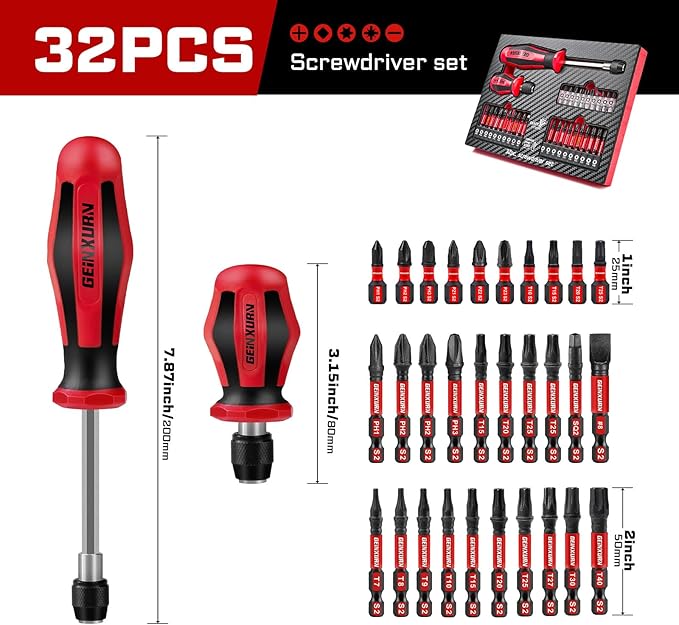 Changeable Head Manual Screwdriver Set Include 2Pcs Quick Change Screwdriver and 30Pcs Impact S2 Screwdriver Bits, Bit Extension Holder, Nut driver, Socket Adapter