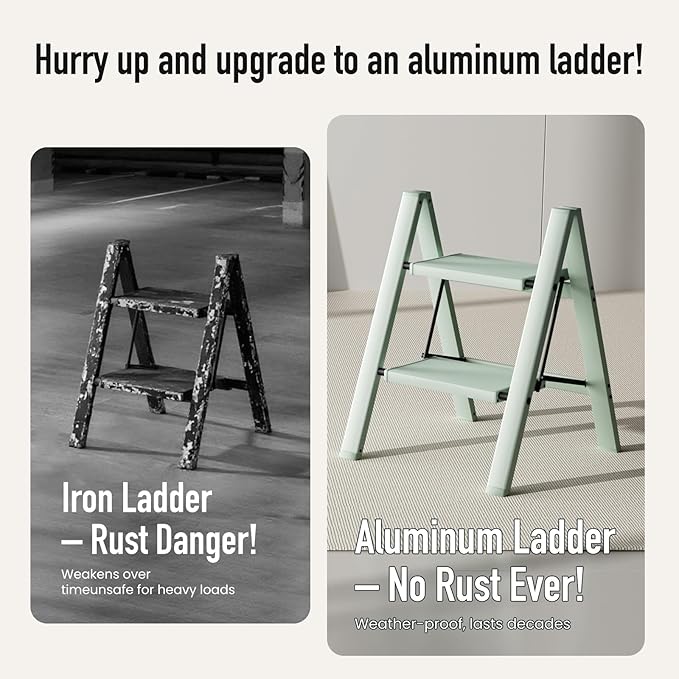 2 Step Ladder,Aluminum Folding Step Stool for Adults,Step Ladder with Wide Anti-Slip Pedal,330 lbs Capacity for Home,Office,Kitchen,Library(Green)
