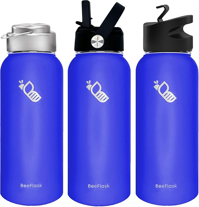 Sports Water Bottle - 32 Oz, 3 Lids (With straw), 50 Cute Stickers, Vacuum Insulated, 308 Stainless Steel, with a Portion of Sales Supporting Bee Conservation Efforts (Blue)