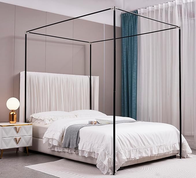 Mengersi Canopy Bed Frame Queen Size,Bed Canopy Frame Post Bed Poles,Canopy Bed Curtains Frame Bracket Fit for Metal Bed Wood Bed Bedroom Decor,Black