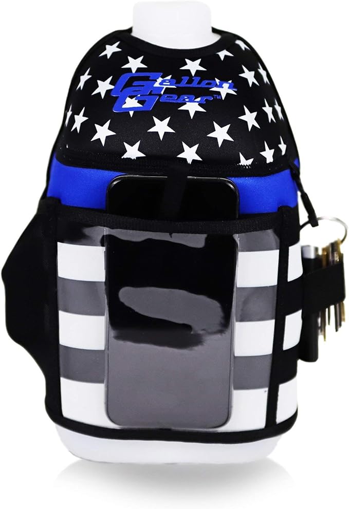 Gallon Gear Half Gallon Fitness Hydration Cover - Neoprene Insulated Cooling and Portable Gym Water Bottle Carrier - Case with Storage Pockets (Thin Blue Line)
