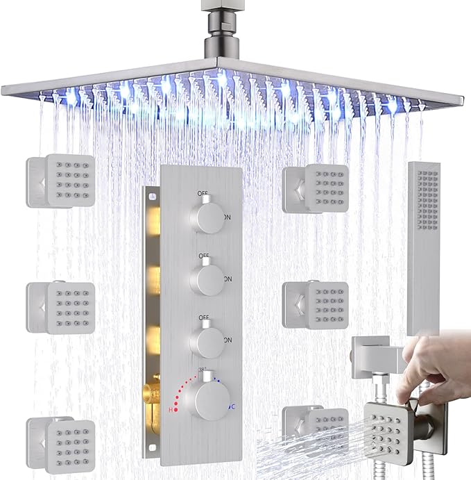 Enga Rain Shower Jet Thermostatic System Work At the Same Time, Body Spray with On-off Switch, 16inch Brushed Nickel Brass Faucet Complete Set