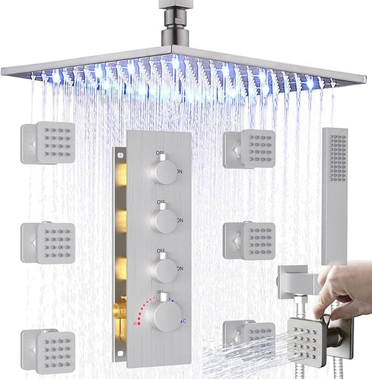 Enga Rain Shower Jet Thermostatic System Work At the Same Time, Body Spray with On-off Switch, 16inch Brushed Nickel Brass Faucet Complete Set